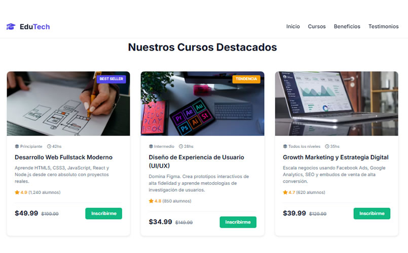 Página web para academia vista en computadora