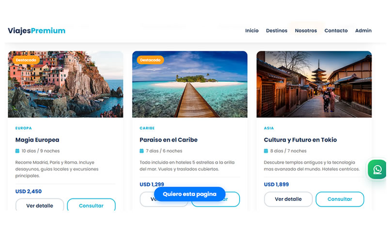 Página web para agencia de viajes vista en computadora